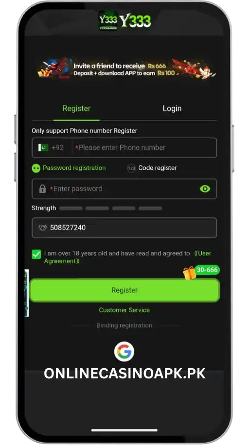New account registration steps for Y333 game