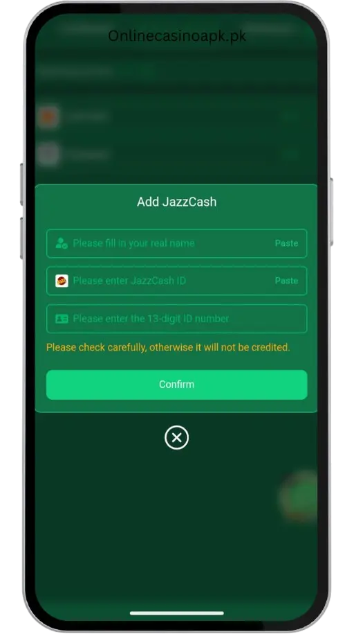 In this image you can see how to bind a JazzCash account with A6win casino game.