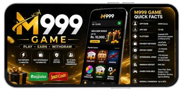 M999 Game APK Download – Pakistan's Real-Earning App 2026 2 Download the M999 game APK; important facts shows in this image