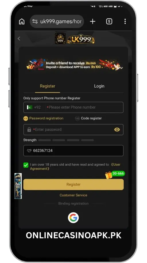 UK999 game account registration steps