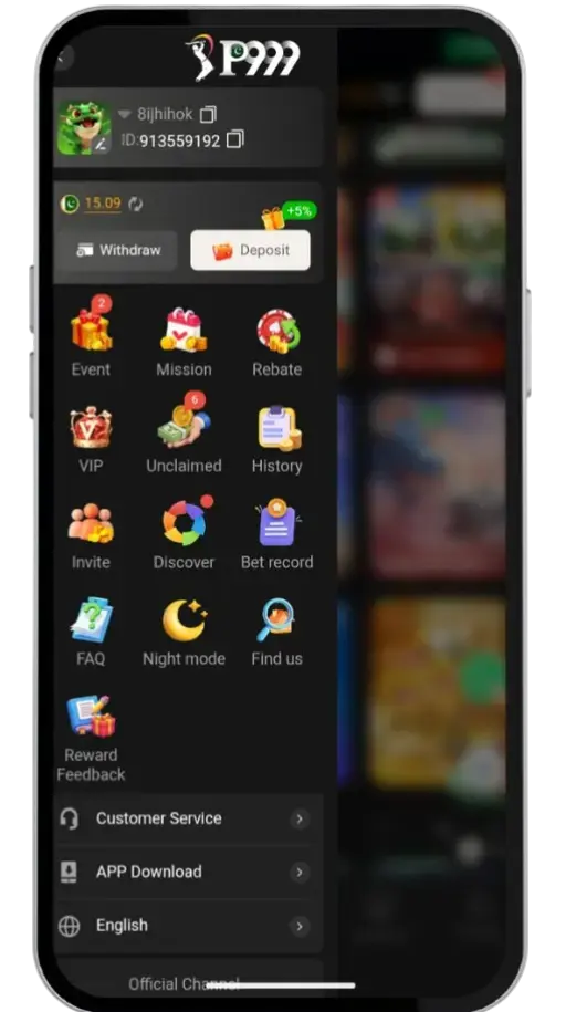 P999 game menu: allavailable options, deposit, withdraw, account ststus