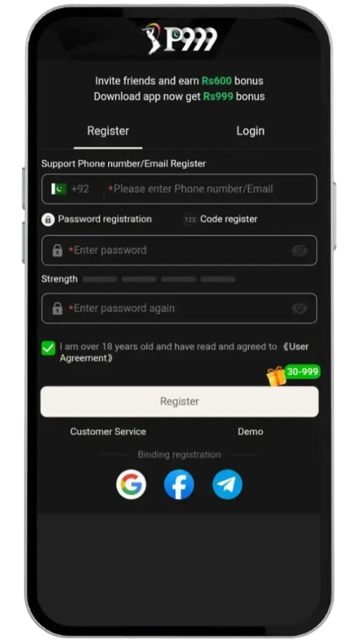 P 999 game account registration steps