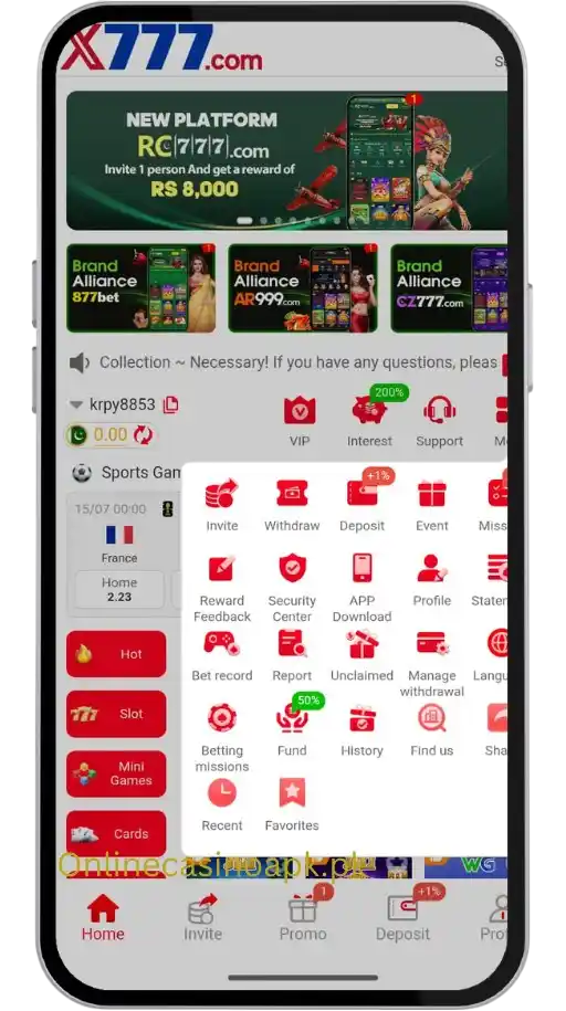 x777 game APK menu on Android